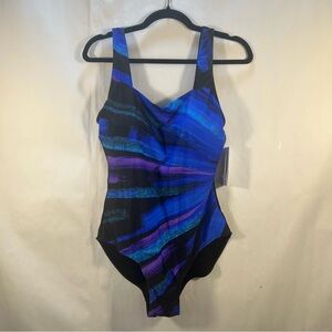 Fullfitall Dolfin Blue & Purple Diagonal Stripe One-Piece Black Swimsuit 12